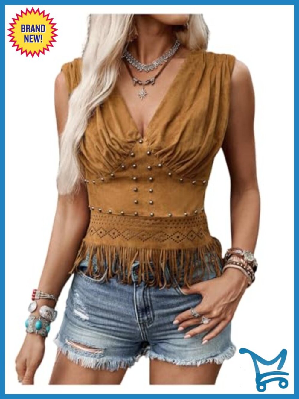 Faux Suede Rivet Tank Top Sleeveless Deep V Neck Fringe Hem Western